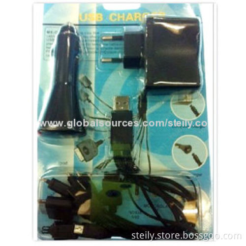 10-in-1 Charging Cable, 5V/1A Wall Charger, 5V/700mAh Car Charger, Charging Suit, in Black Color